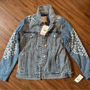 Avec Les Filles Light Blue Denim Jacket with Floral Sleeves